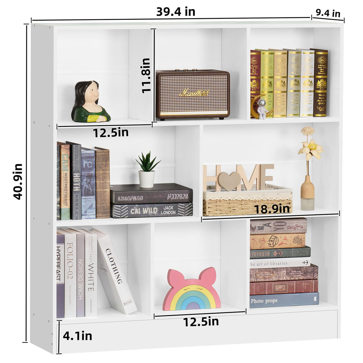 YAHARBO White 3 Tier Bookshelf,Wide Modern Horizontal Bookcase,Wood Low Book Shelf,Wide Display Storage Cabinet with Base,Floor Standing 8 Cube Large Bookcases Organizer for Bedroom,Living Room,Office YAHARBO