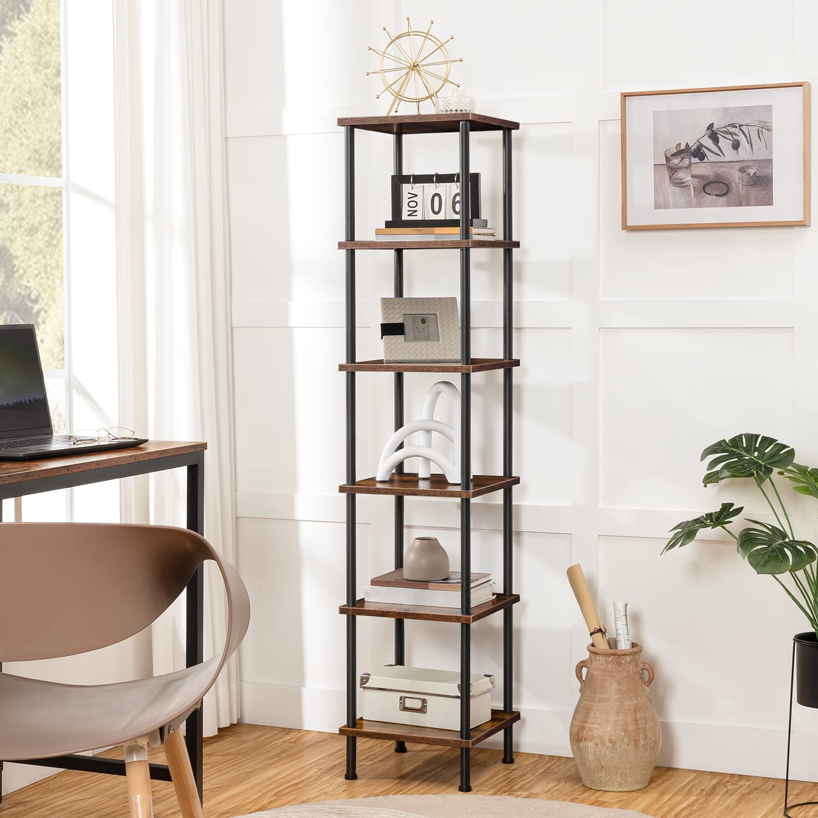 HOOBRO 6-Tier Rustic Brown and Black Corner Shelf for Stylish Storage and Display - WoodArtSupply