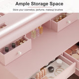 LIKIMIO Makeup Vanity Desk with Mirror and Lights, Pink Makeup Vanity Table Set with Stool Drawers, Power Socket, Dressing Table with 3 Lighting Colors, Vanities for Bedrooms LIKIMIO