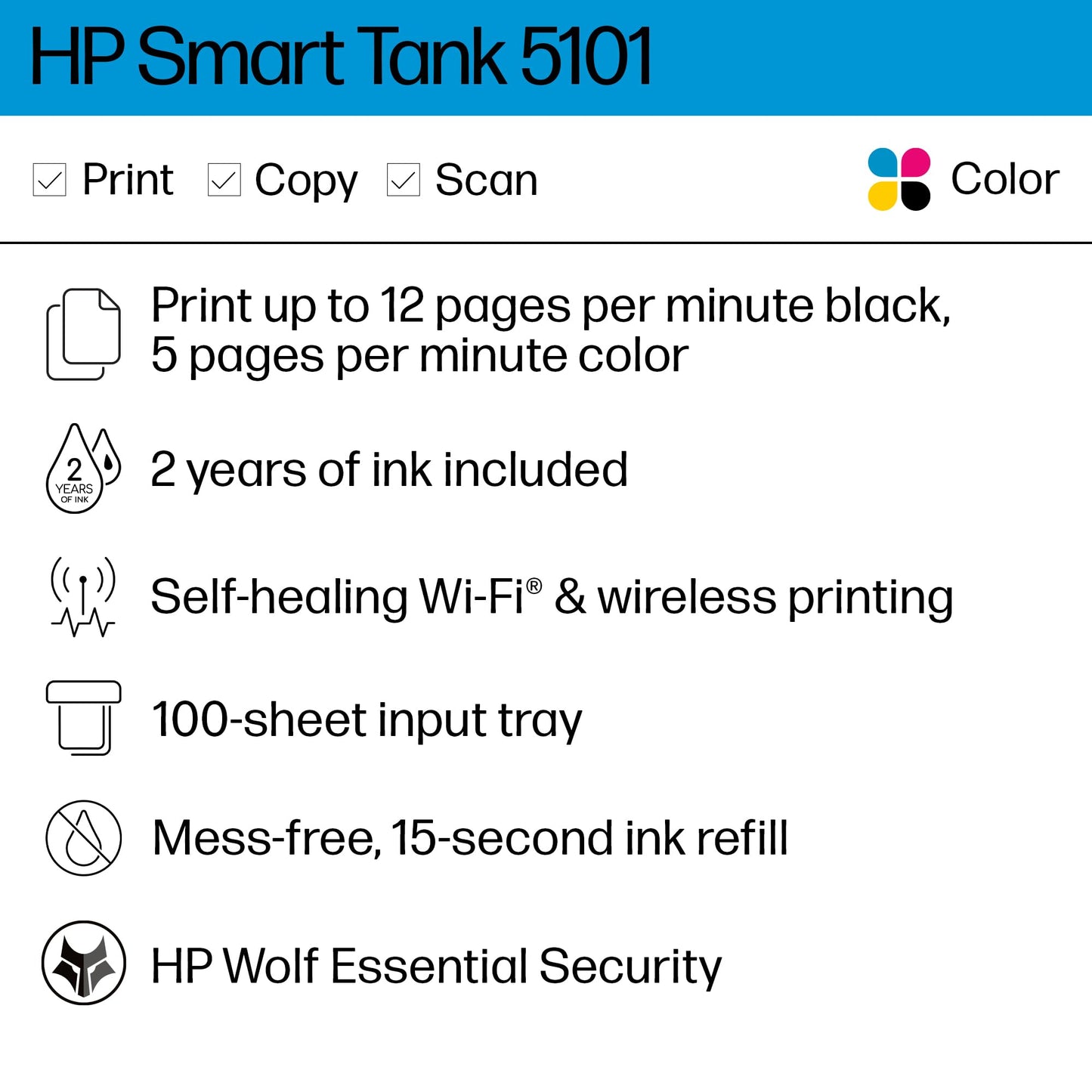 HP Smart Tank 5101 Wireless All-in-One Ink Tank Printer with 2 years of ink included,Print, scan, copy, Best-for-home, Refillable ink tank (1F3Y0A)