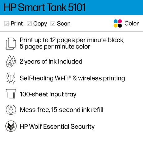 HP Smart Tank 5101 Wireless All-in-One Ink Tank Printer with 2 years of ink included,Print, scan, copy, Best-for-home, Refillable ink tank (1F3Y0A) HP
