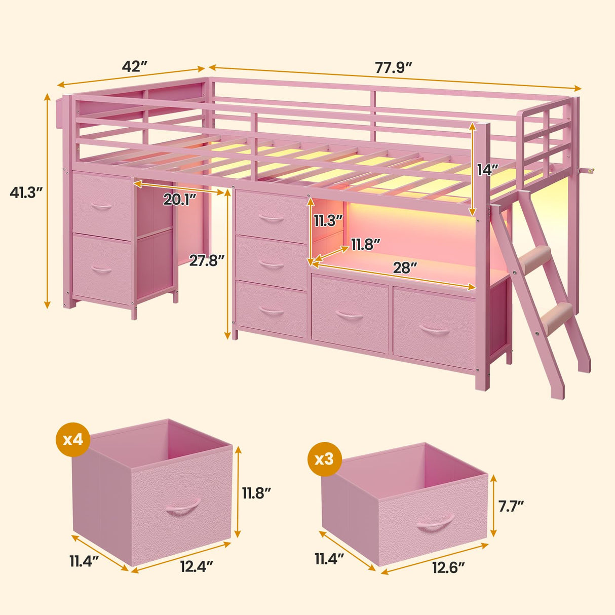 ADORNEVE Low Loft Bed Twin Size with 7 Storage Drawers, Bookcase and LED Lights, Metal Kids Loft Bed with 14" H Safety Guardrail,Inclined Ladder and Play Curtain, Under-Bed Play Space,Pink ADORNEVE