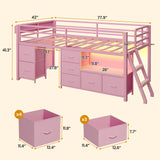 ADORNEVE Low Loft Bed Twin Size with 7 Storage Drawers, Bookcase and LED Lights, Metal Kids Loft Bed with 14" H Safety Guardrail,Inclined Ladder and Play Curtain, Under-Bed Play Space,Pink ADORNEVE