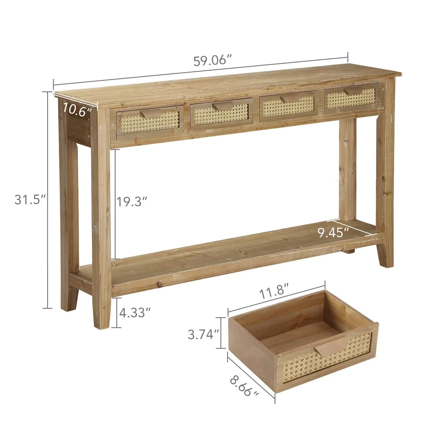 Wnutrees Farmhouse Console Table with 4 Rattan Drawers, 60" Long Narrow Boho Foyer Sofa Tables with Open Storage Shelves for Entryway,Hallway,Living Room, Natural - WoodArtSupply