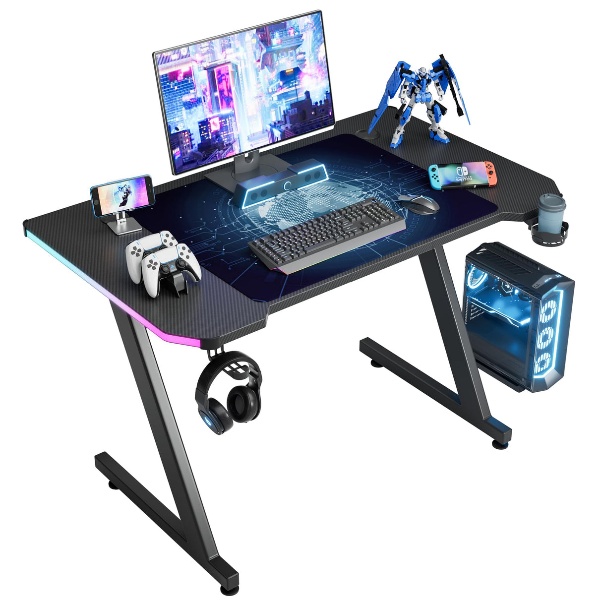 Homall Gaming Computer Desk with Carbon Fiber Surface, Gaming Table Z Shaped PC Home Office with Cup Holder&Headphone Hook(47 in, Black, Led Light) Homall