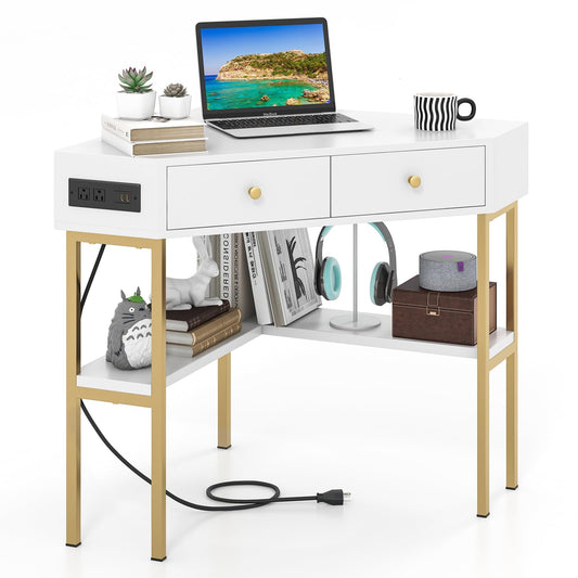 Tangkula White Corner Desk with 2 Drawers & Built-in Charging Station, 90 Degrees Triangle Corner Computer Desk for Small Space, Bedroom Makeup Vanity Desk with Storage Shelves, Corner Writin - WoodArtSupply