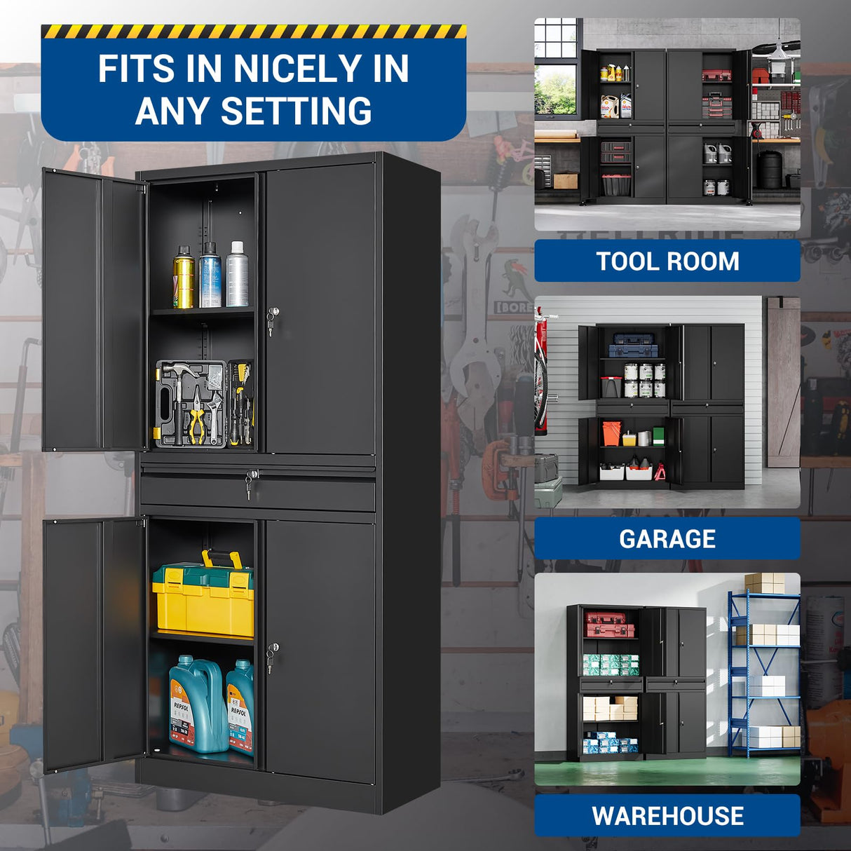 Fesbos 71" Metal Cabinet-Black Heavy Duty Storage File Cabinet Steel Tool Cabinets with Shelves, Lockable Doors and Drawers- for Garage, Pantry, Warehouse - Assembly Required Fesbos