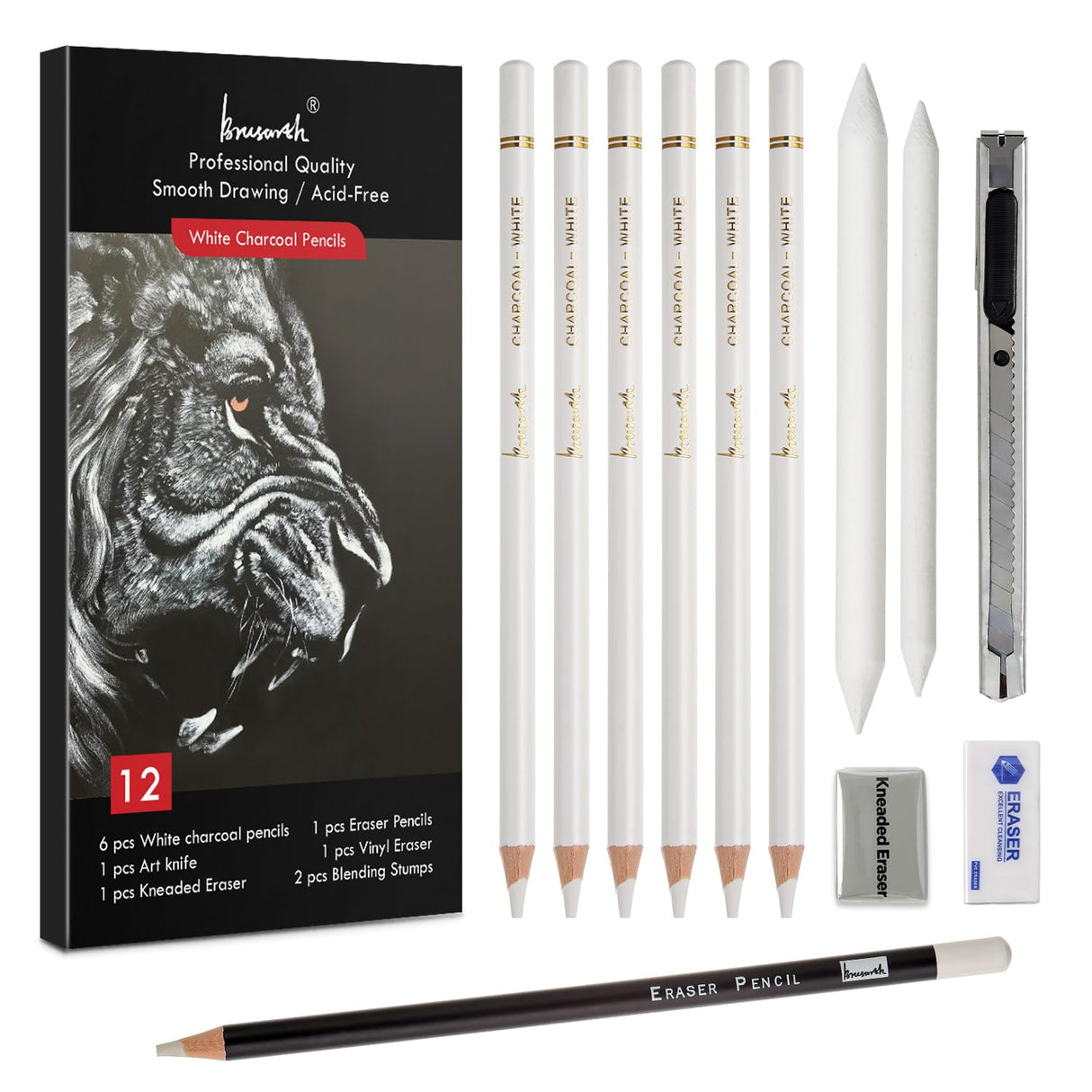 Brusarth White Charcoal Pencils Set - 12 Piece Sketch Highlight White Pencils Set for Drawing, Sketching, Shading, Blending, Artist Pencils for Artists, Professionals or Beginners Brusarth