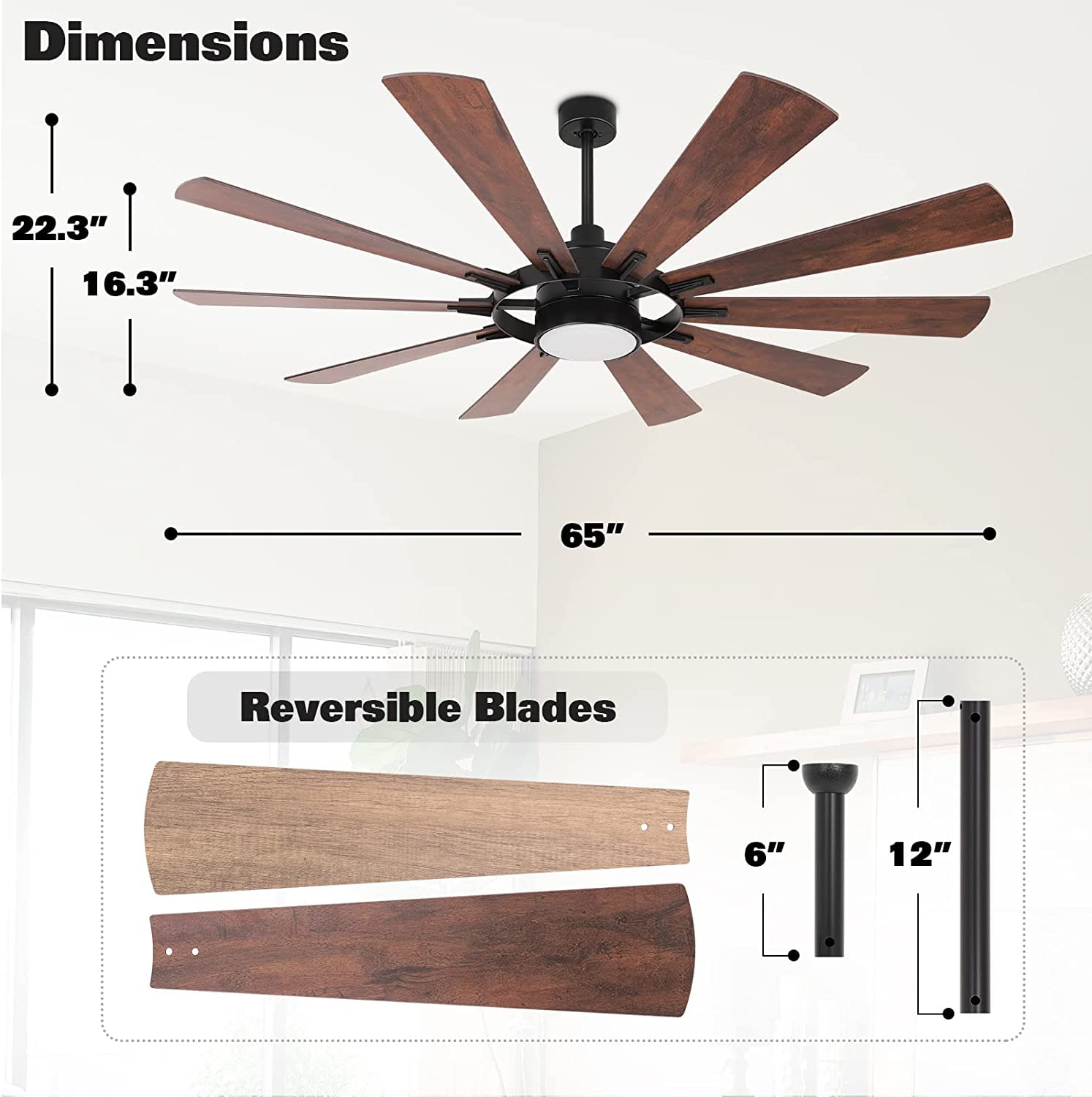 hykolity Ceiling Fan with Light and Remote 65 inch Farmhouse Large Ceiling Fan, Reversible Motor and Blades, 5CCT Selectable, for Living Room Basement Sunroom Porch Patio, 6-Speed Remote Cont - WoodArtSupply