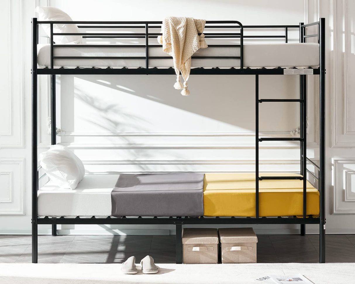 VINGLI Bunk Bed Twin Over Twin for Kids, Teens & Adults Bunk Bed with Stairs & Flat Rungs, Heavy Duty Metal Slats, No Box Spring Needed, Black VINGLI