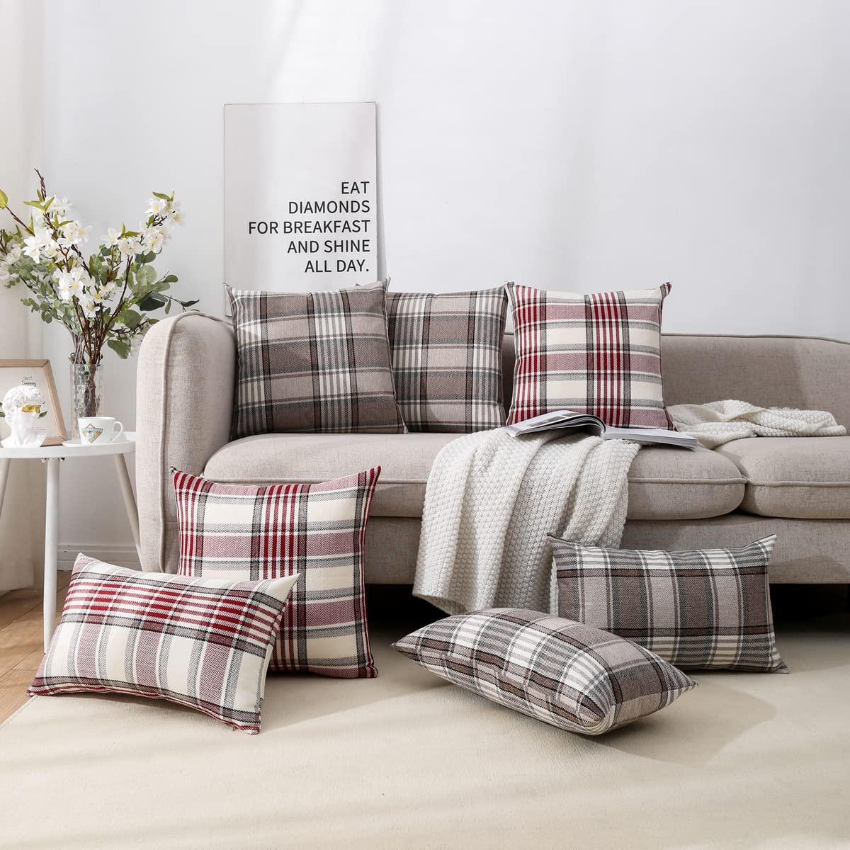 CARRIE HOME Brown Plaid Pillow Covers 18x18 Set of 2 Farmhouse Plaid Decorative Throw Pillows for Living Room Couch Sofa CARRIE HOME