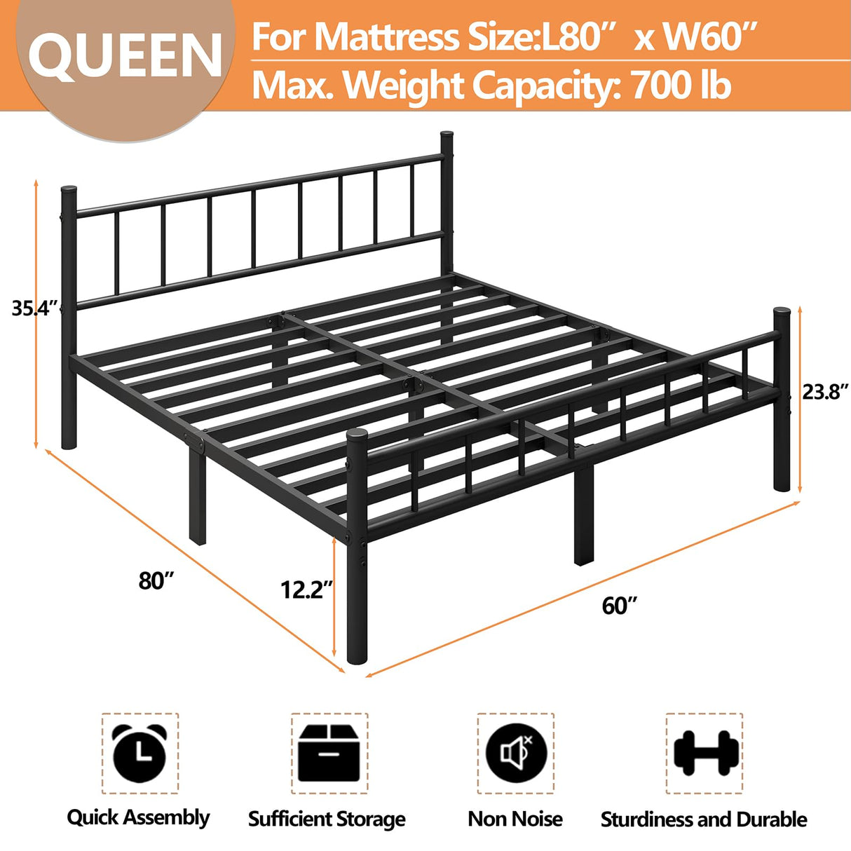 zizin Queen Size Metal Bed Frame with Headboard & Footboard 14 Inch Metal Platform Mattress Foundation Support with Steel Slat, Under Bed Storage, No Box Spring Needed zizin