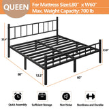 zizin Queen Size Metal Bed Frame with Headboard & Footboard 14 Inch Metal Platform Mattress Foundation Support with Steel Slat, Under Bed Storage, No Box Spring Needed zizin