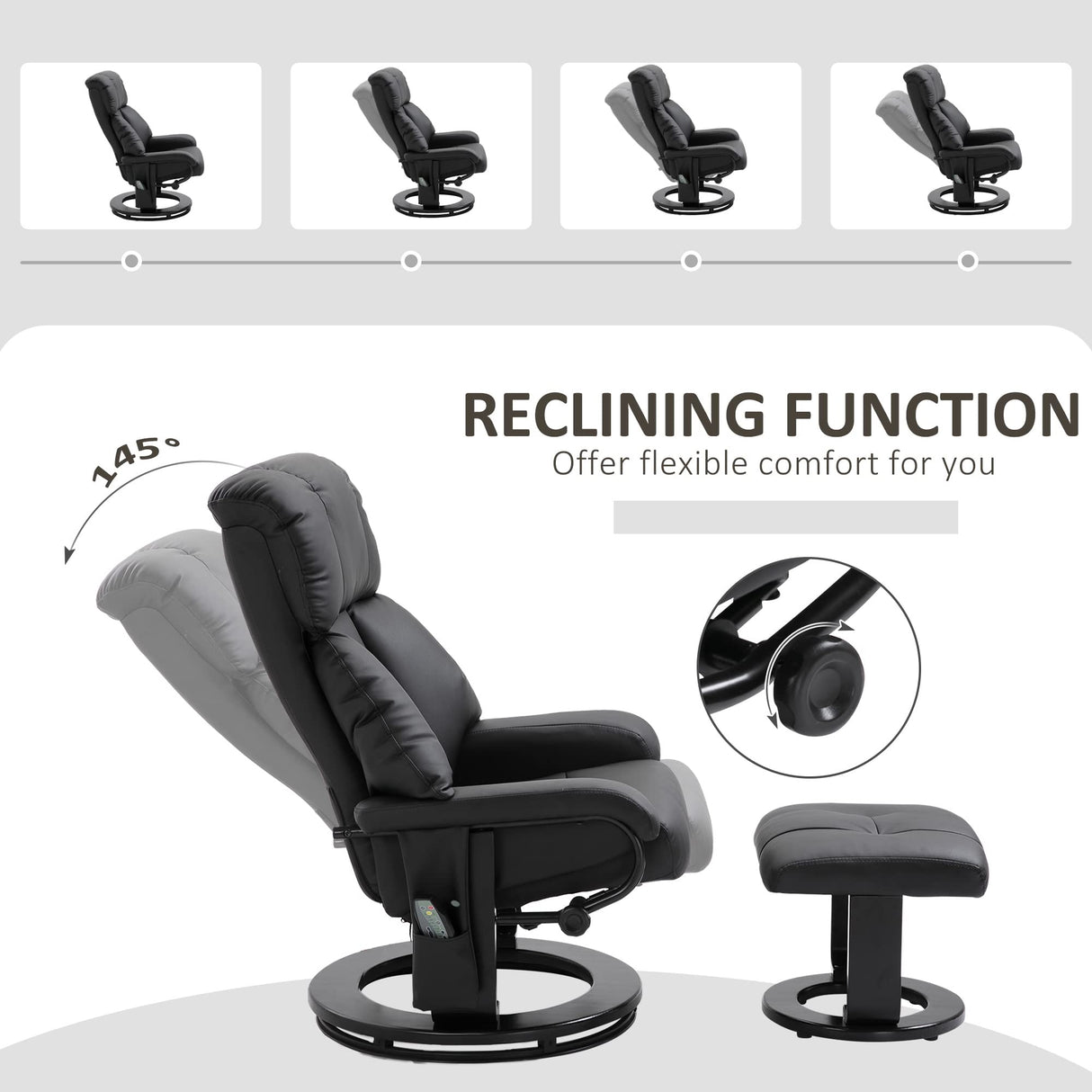 HOMCOM Massage Recliner Chair with Ottoman, 360° Swivel Recliner and Footstool, 10 Point Vibration, PU Leather Reclining Chair with Side Pocket and Remote Control, Black HOMCOM