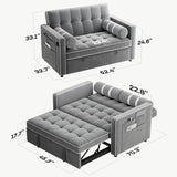 Marsail 3-in-1 Convertible Futon Sleeper Sofa Bed, Pull Out Couch with Adjustable Backrest, USB Charging & Side Pockets, Velvet Fabric Sofa for Living Room, Apartment, Loveseat, Grey Marsail