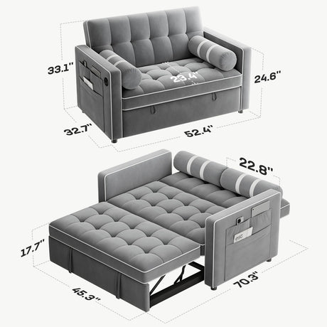 Marsail 3-in-1 Convertible Futon Sofa Bed with USB Charging Port & Adjustable Backrest, Velvet Loveseat with Side Pockets, Pull Out Sleeper Couch Suitable for Small Spaces, Grey Marsail