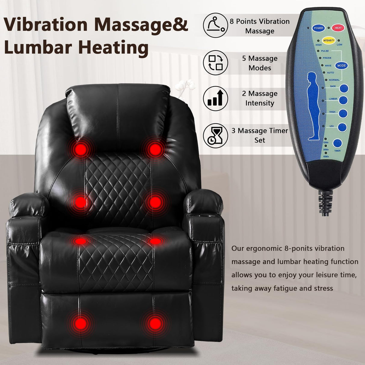 AHMED Power Swivel Rocker Recliner Chair with Massage and Heat, Faux Leather Home Theater Seating with LED Ambient Lighting, Glider Reclining Sofa with Cup Holders for Living Room (Black, Single) AHMED