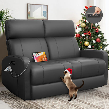 Duitrc Power Loveseat Recliner Sofa, Electric Reclining Loveseat with Adjustable Headrest, Extended Footrest, USB Type-C Ports, Grey PU Leather 2 Seater Reclining Couch for Living Room, RV, Office Duitrc