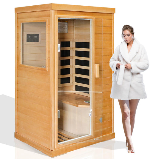 ROCKINGRUN 1 Person Far Infrared Sauna for Home, Mini Low-EMF Single Indoor 800W Dry Saunas, Wooden Canadian Hemlock Sauna with Control Panel & Tempered Glass Door, Bluetooth Speakers & Ambient Light