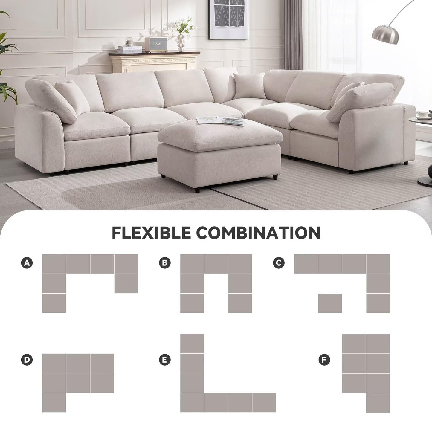 Siiejia Cloud Couch Modular Sectional Sofa Modern Oversized Couches with Ottoman 7 Seater L-Shaped Sofas Comfy Couches for Living Room Spacious Space Apartment Lounge, Cream