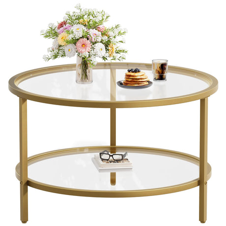SAYGOER Round Glass Coffee Table 2 Tier Coffee Tables with Storage Shelf for Large or Small Space Modern Simple Center Table with Gold Frame for Living Room Home Office, Easy Assembly… SAYGOER
