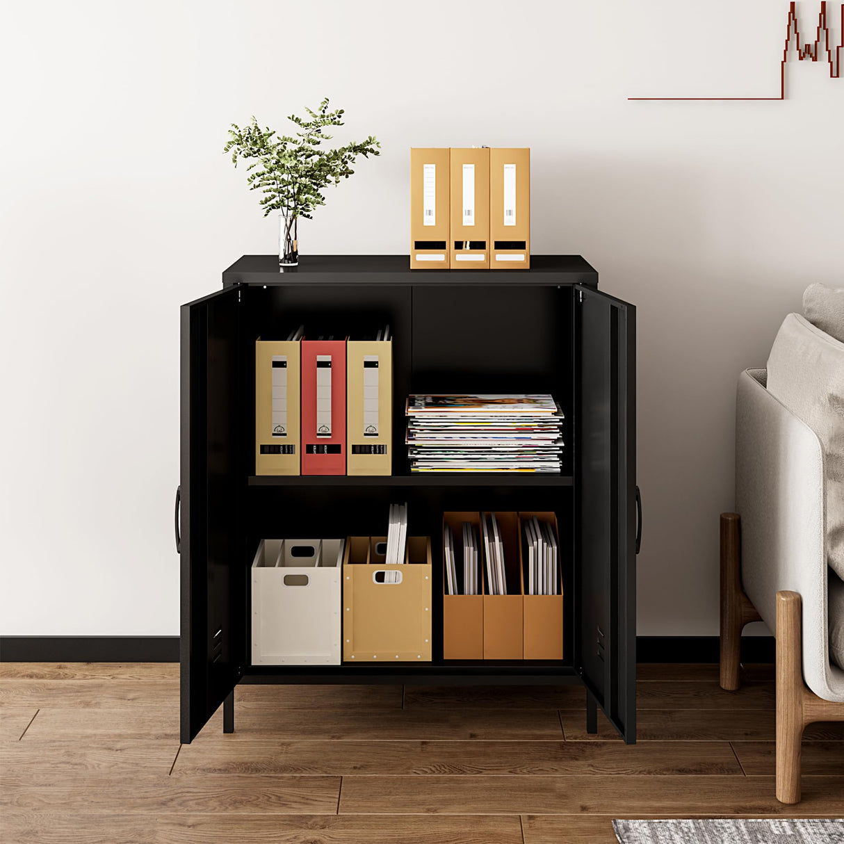 Steehoom Metal Storage Cabinet with 2 Door, Steel Locker Sideboard Buffet Cabinet Console Table for Home Office (Black) Steehoom