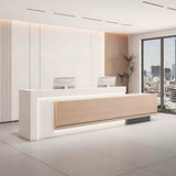 Reception Desk - Modern Front Desk with Hidden LED Lighting, Spacious Checkout Counter, Customizable Retail Counter, and Elegant Design for Office Reception or Waiting Areas (White & Wood, 108") ZGNBSD