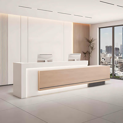 Reception Desk - Modern Front Desk with Hidden LED Lighting, Spacious Checkout Counter, Customizable Retail Counter, and Elegant Design for Office Reception or Waiting Areas (White & Wood, 108")