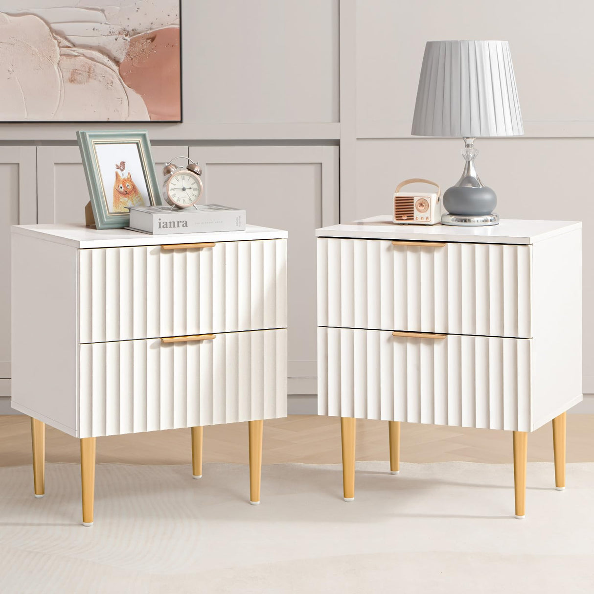 SICOTAS White Night Stand Set 2, Wide Fluted Nightstand with 2 Drawers, Modern Glossy Storage Bedside Table for Bedroom, End Side Table with Golden Metal Legs and Handles（2, White） SICOTAS