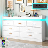 Hlivelood 7 Drawer Dresser with LED Light and Charging Station, Modern Chest of Drawers for Closet, Wide Drawer Organizer Cabinet for Bedroom, Living Room, Entryway, Hallway, White Hlivelood