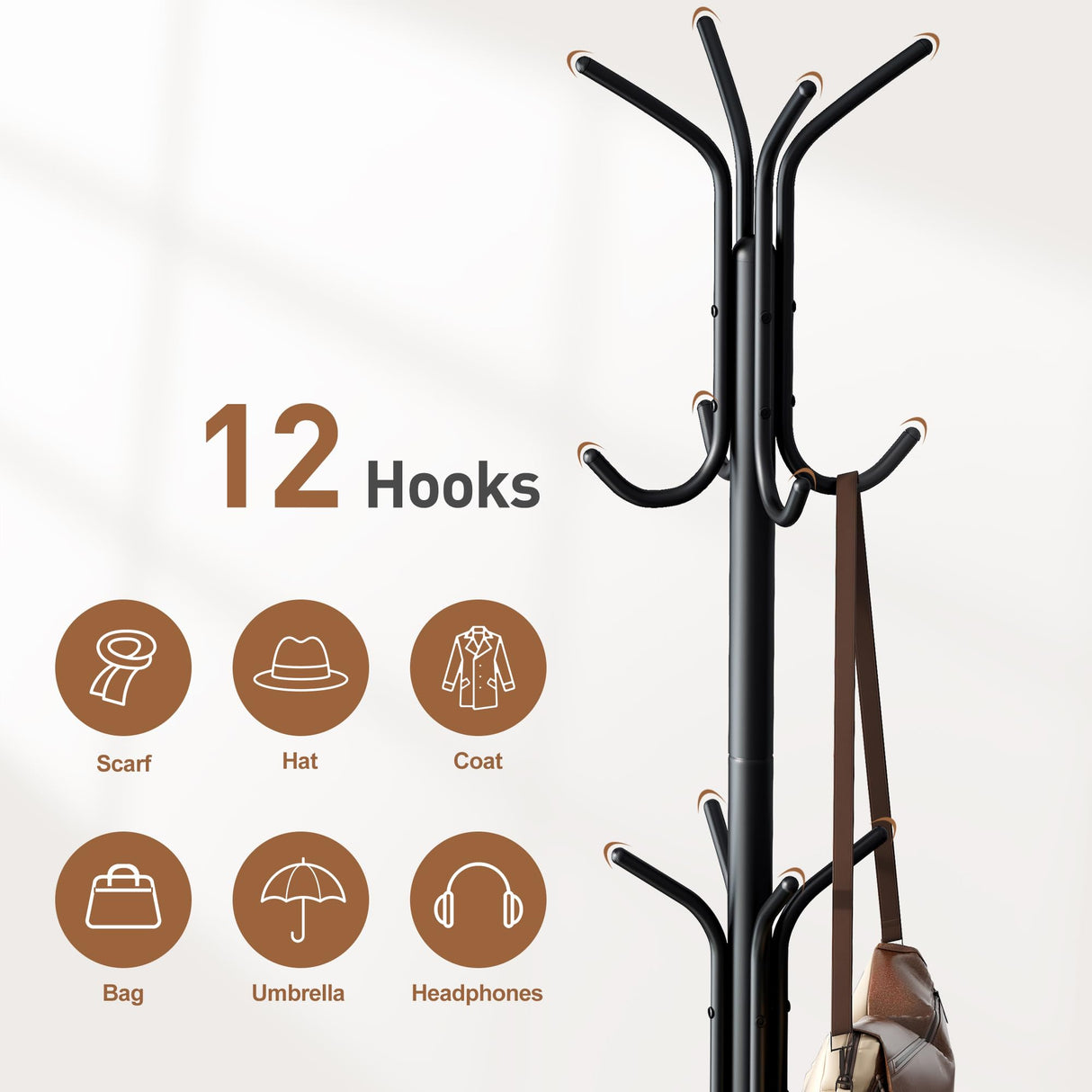 FILWH Coat Rack Freestanding Coat Tree Standing Coat and Hat Hanger Jacket Organizer Rack Metal,18.3" L x 18.3" W x 71.5" H, Black FILWH
