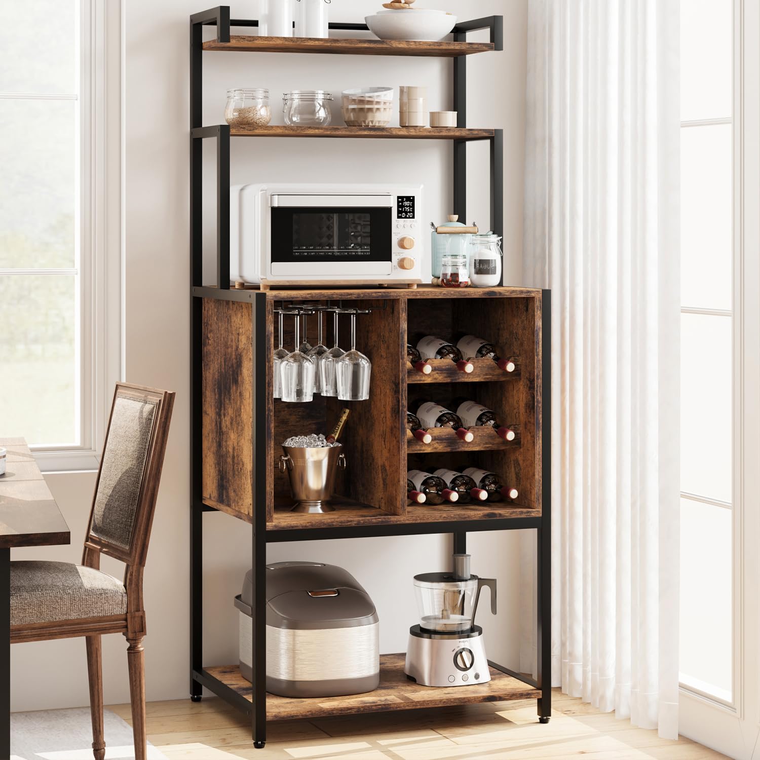 IDEALHOUSE Rustic Brown Freestanding Wine Cabinet with Glass Rack and Storage Solutions - WoodArtSupply