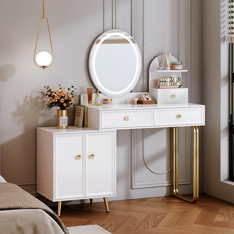 Chrangmay White,Vanity Desk with Mirror and Lights,Small Makeup Vanity with 2 Spacious Drawers,Modern Makeup Table with Adjustable Cabinet for Bedroom,Makeup Room,Writing Desk,Cheap Chrangmay