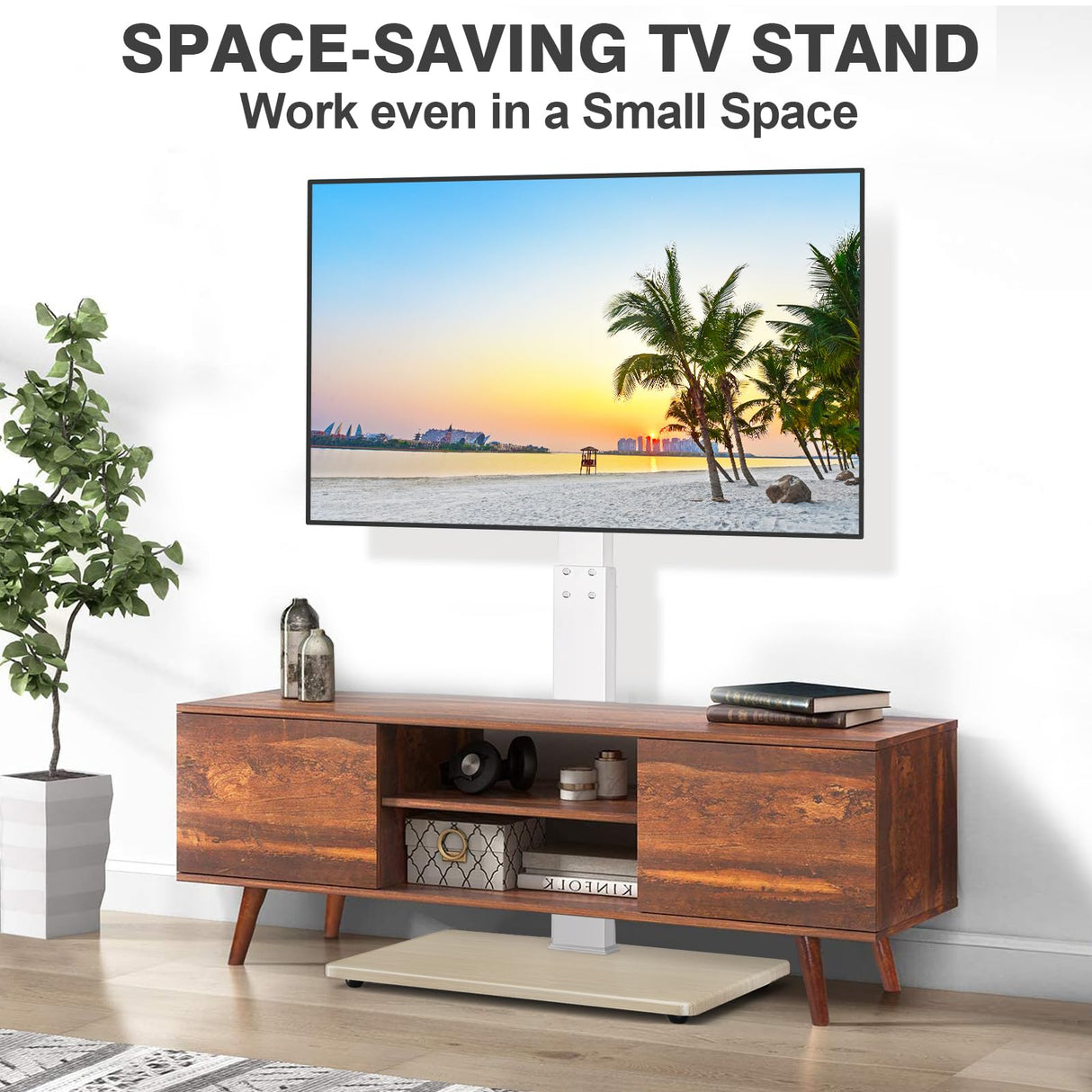 TV Floor Stand for 32-75 Inch Plasma LCD LED OLED Flat Panel or Curved Screen TVs, Swivel TV Stand Mount with Height Adjustment and Sturdy Wood Base, White TAVR Furniture