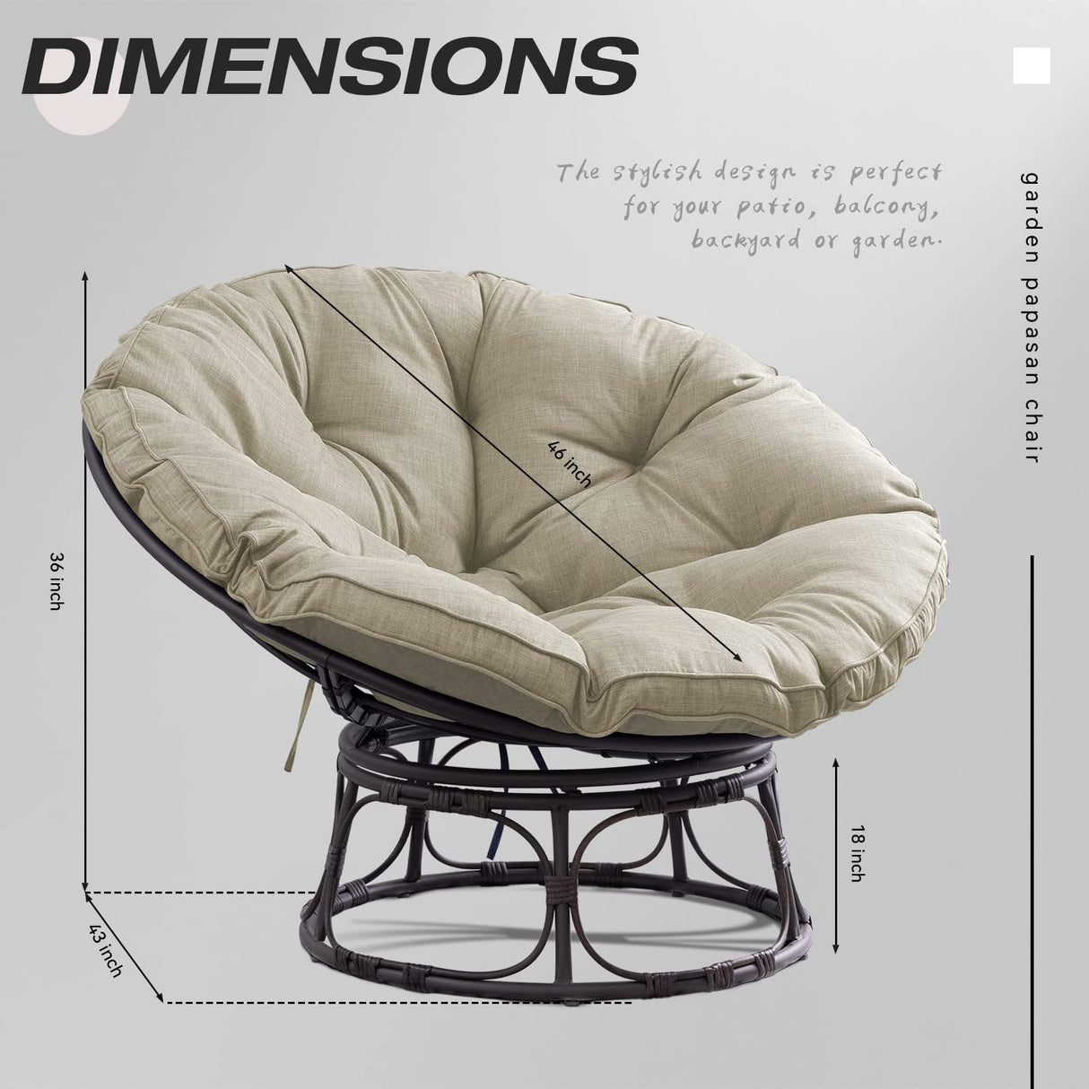 Joyside Papasan Chair with Cushion and Frame, 46'' Wicker Papasan Lounge Chair Large Saucer Chair, Brown Frame with Beige Cushion Joyside