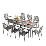 PHI VILLA 9 Pieces Outdoor Dining Set for 8, Rectangular Metal Steel Table with Umbrella Hole & Stackable Wrought Iron Chairs, Large Dining Furniture for Patio, Deck, Yard, Porch PHI VILLA