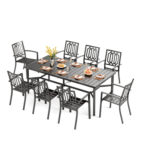 PHI VILLA 9 Pieces Outdoor Dining Set for 8, Rectangular Metal Steel Table with Umbrella Hole & Stackable Wrought Iron Chairs, Large Dining Furniture for Patio, Deck, Yard, Porch PHI VILLA