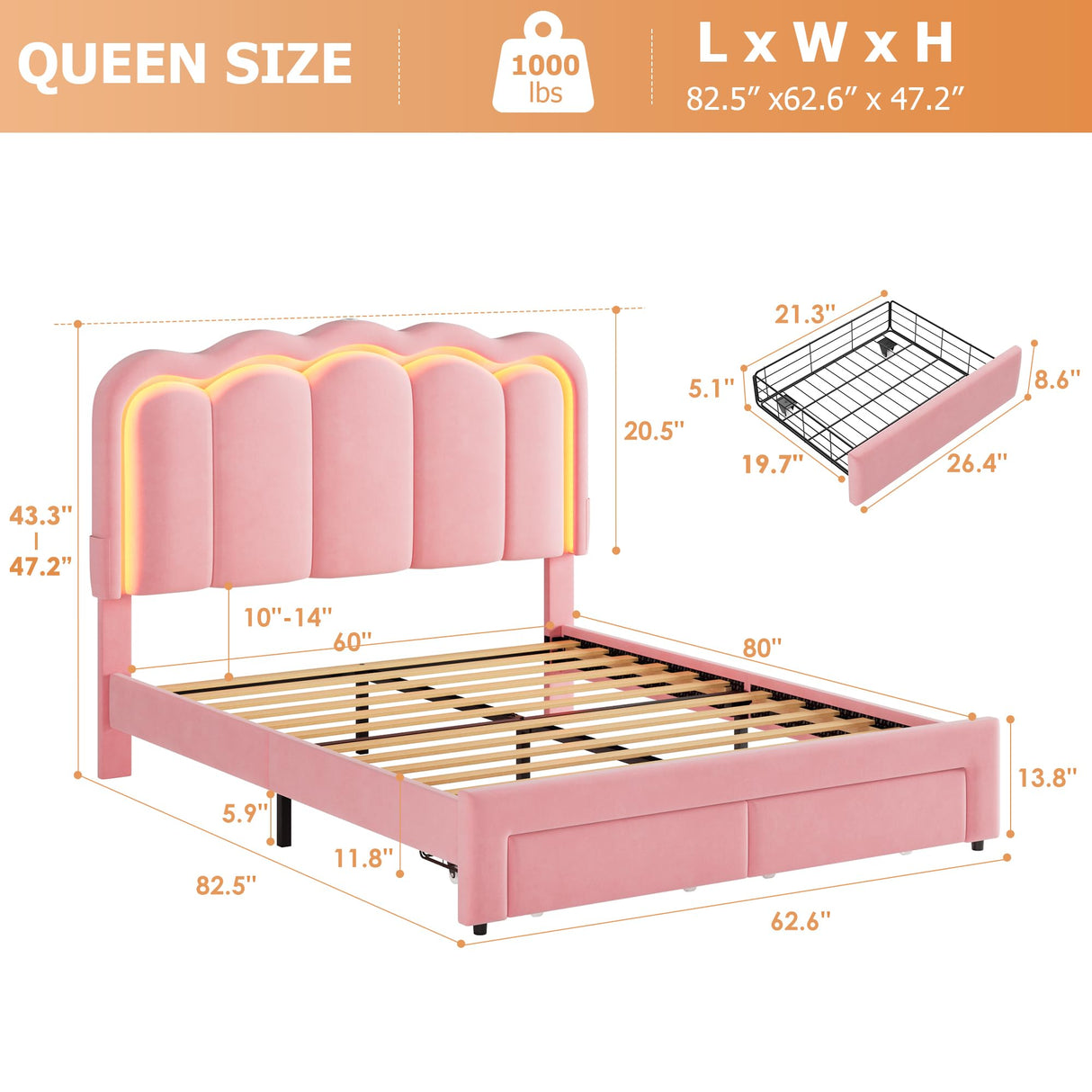 Full Upholstered LED Bed Frame with 2 Storage Drawers and Adjustable Chic Double Wavy Headboard, Velvet Princess Platform Bed with Charing Station, Solid Wood Slats Support,No Box Spring Needed,Beige Jocoevol