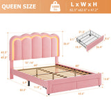 Full Upholstered LED Bed Frame with 2 Storage Drawers and Adjustable Chic Double Wavy Headboard, Velvet Princess Platform Bed with Charing Station, Solid Wood Slats Support,No Box Spring Needed,Beige Jocoevol