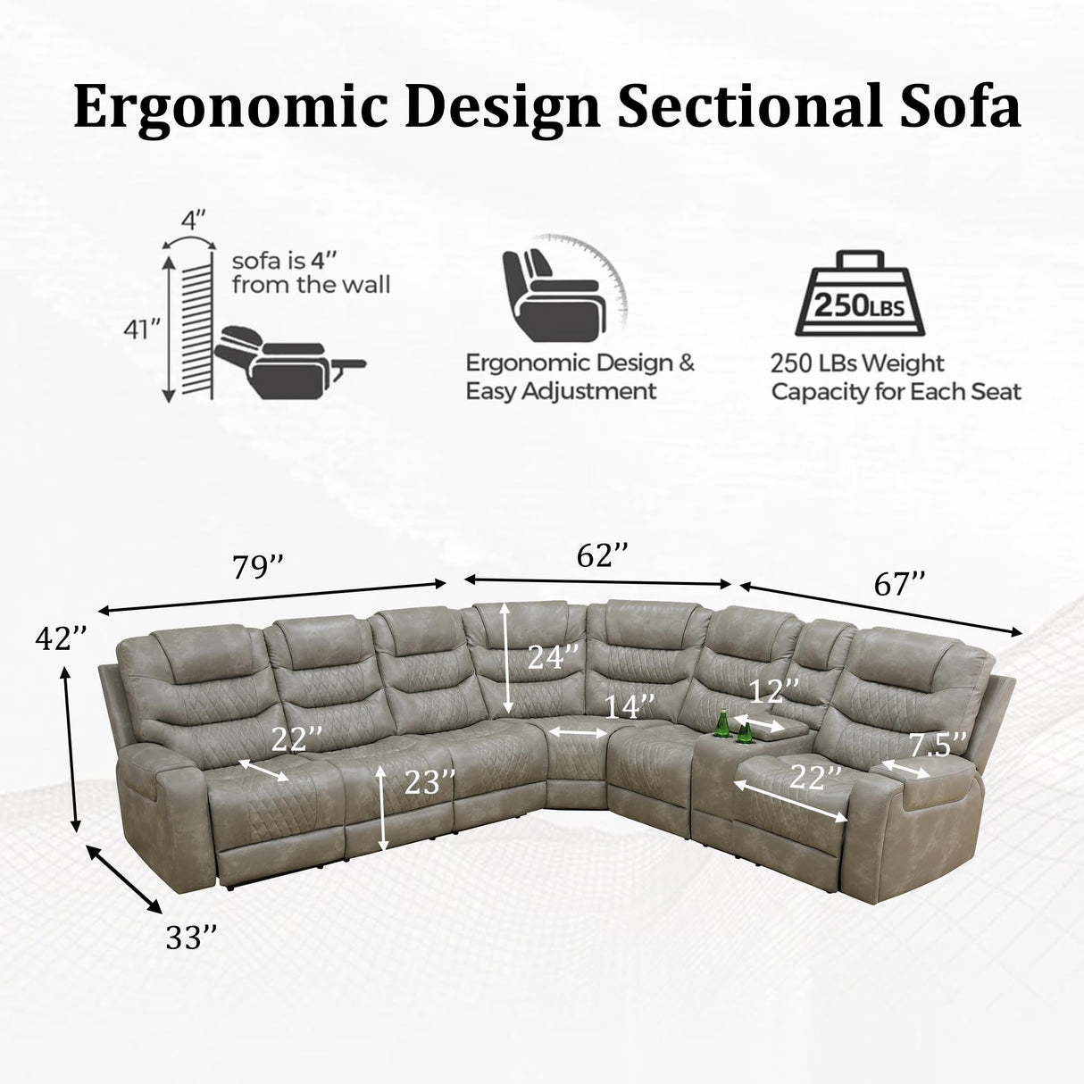 Power Air Leather Reclining Sofa with LED,Leather Recliner Sectional Couch for Living Room, Reclining Couches with Cup Holders Hide-Away Storage (Grey, Sectional) Pon Living Furniture Inc