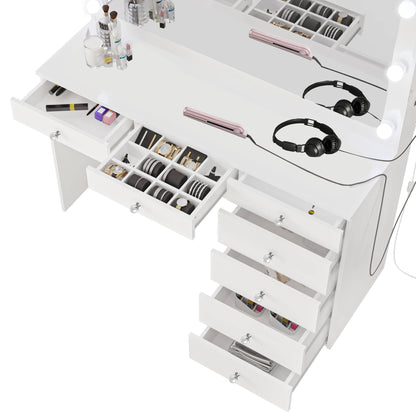 Boahaus Diana Large Vanity Makeup Desk with Vanity Mirror, Built-in Lights, 7 Drawers, Crystal Ball Knobs, Power Outlet, White Makeup Desk for Bedroom, 58.2'' H x 47.2'' W x 17.7'' D