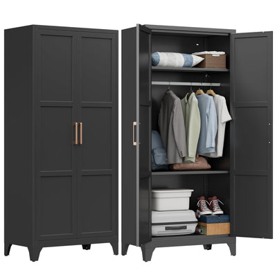 71" Metal Wardrobe Cabinet with Hanging Rod, Metal Clothing Storage Cabinets with 2 Doors and Adjustable Shelves, Armoire Wardrobe Closet for Bedroom, Laundry Room, Cloak Room, Black