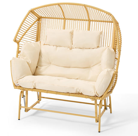 ECOTOUGE Patio Double Egg Chair, Indoor Outdoor Oversized Loveseat, 2 Person Extra Large Wicker Lounge Rocking Glider Chairs w/Thicken Padded Cushions and Pillow for Garden Balcony Sunroom, Yellow ECOTOUGE
