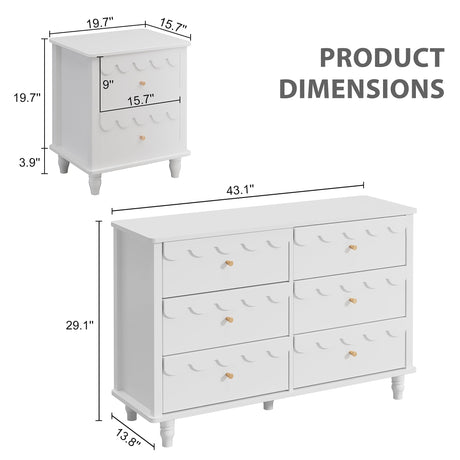 Anbuy 3 Pcs Bedroom Sets, Scalloped 6 Drawer Dresser and Night Stand Sets for Bedroom, Two Drawers Nightstand Set of 2 & 6 Drawer Dresser Combo 3 Pieces (White) Anbuy