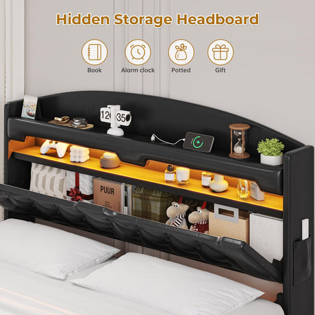 BTHFST Floating Bed Frame Full Size with Type-C Charging Station & Storage Headboard, RGB Floating Platform Bed, No Box Spring Needed, Wooden Slats Support, PU Black BTHFST