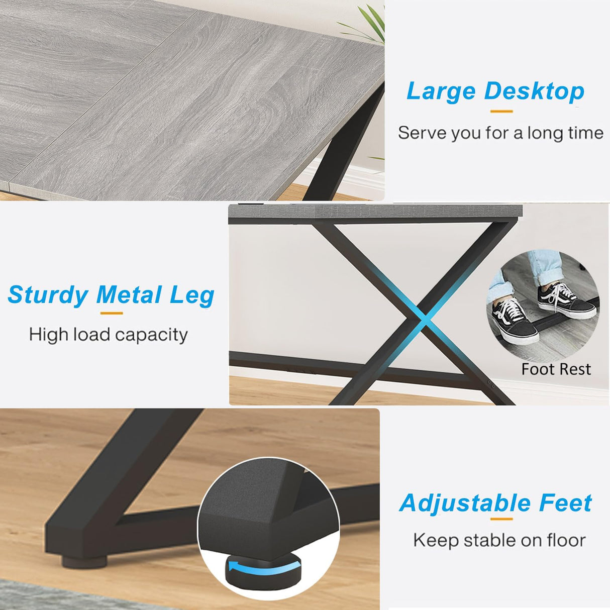 IBF Large Home Office Computer Desk, Industrial Long Work Study Writing Desk, Simple Executive Conference Table for 2 Person, Wood Metal Double Pc Gaming Workstation in Bedroom, Light Grey Oak, 70 in IBF