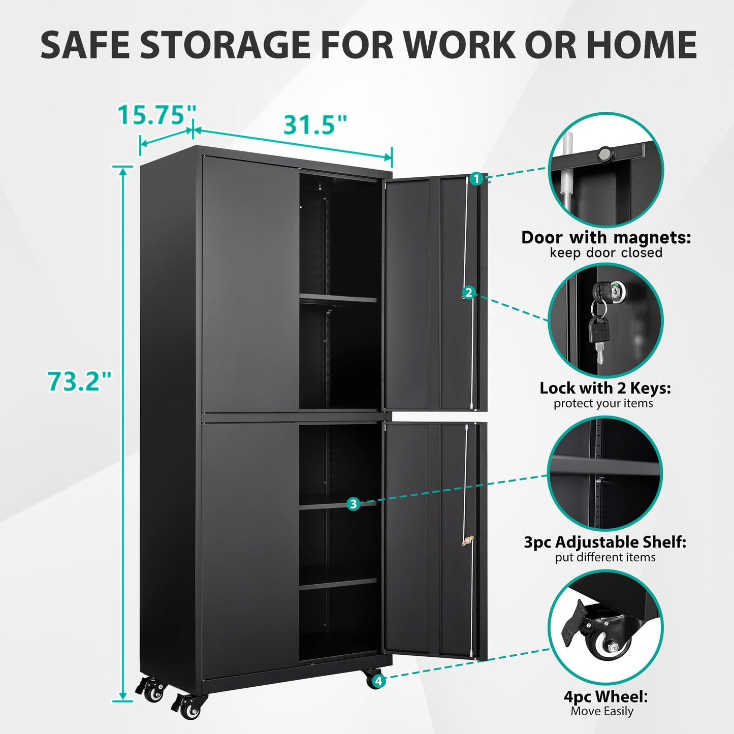 SISESOL Metal Storage Cabinet with Wheels,Rolling Garage Storage Cabinet with Lock,Black Metal Cabinet with Shelves,Tool Cabinet,Tall Storage Cabinet on Wheels for Garage,Home,Office,Shop - WoodArtSupply