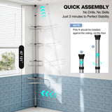Corner Shower Caddy Tension Pole: Stainless Steel Rustproof 4-Tier Shower Organizer - 47-121 inch Adjustable Bathroom Shelves for Bathtub Shampoo Storage - Tension Rod Floor Standing Bath Rack -Silver ESSEME