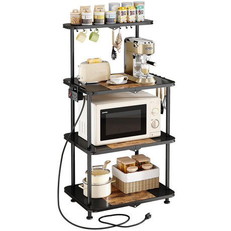Kitchen Bakers Rack with Power Outlet - Easy & Tool-Free Assembly, Adjustable Coffee Bar Station 4 Tiers, Microwave Stand with 12 Hooks, Brown SNTD