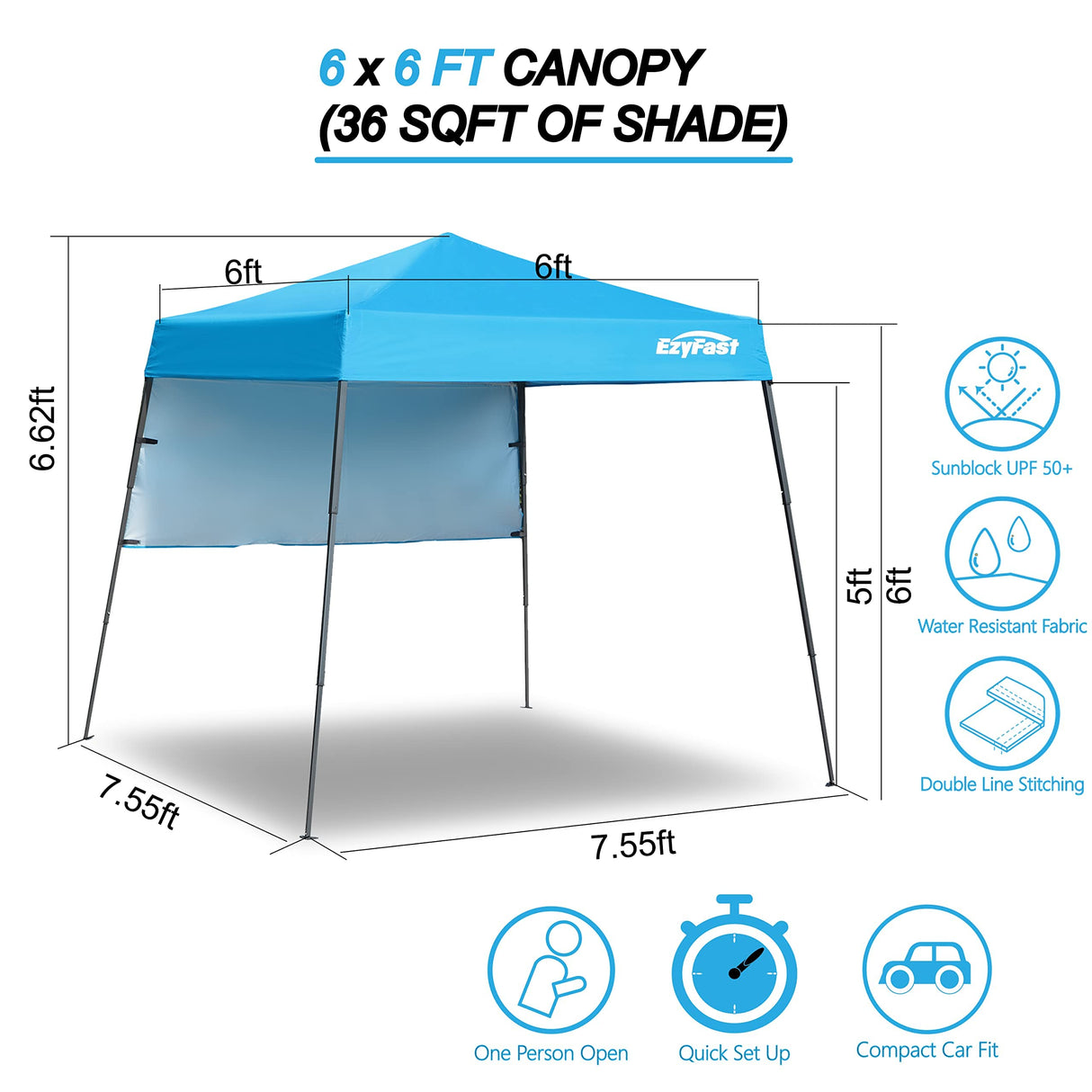 EzyFast Ultra Compact Backpack Canopy, Pop Up Shelter, Portable Sports Cabana, 7.5 x 7.5 ft Base / 6 x 6 ft top for Hiking, Camping, Fishing, Picnic, Family Outings EzyFast